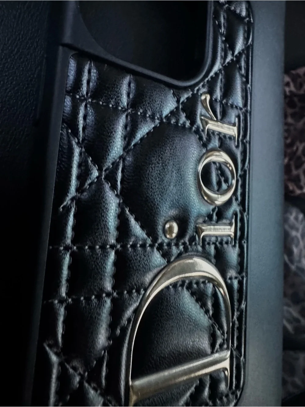 Black Quilted Leather iPhone Case with Silver Dior Letters. (message size)